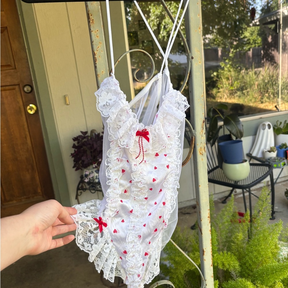 White Lace Bodysuit with Red Hearts